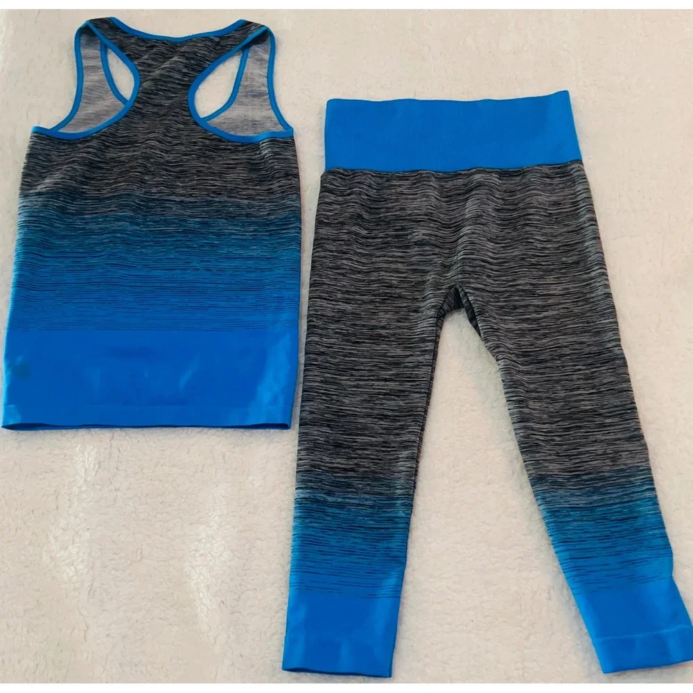 FC Activewear Womens Blue Grey Ombre Space Dye Seamless Tank and Leggings Set